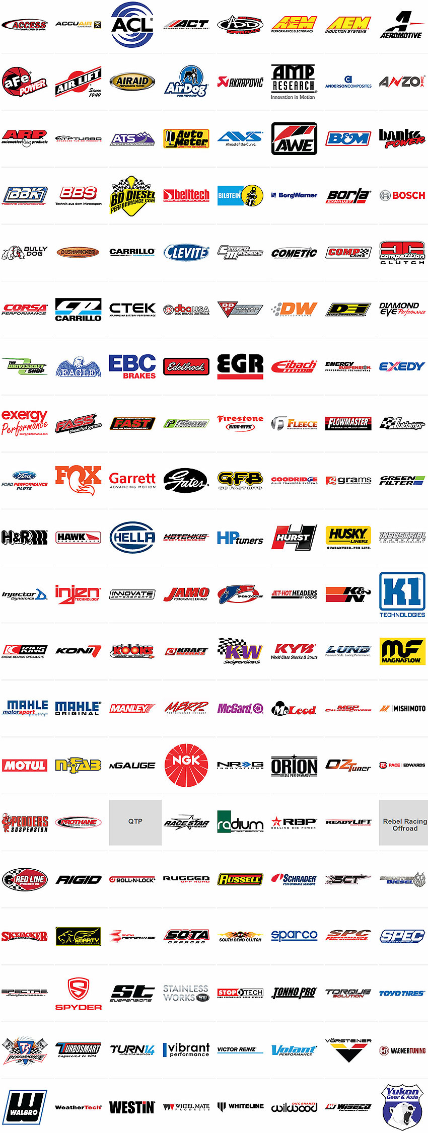 Access, Accuair, ACL, ACT, Addictive Desert Designs, AEM, AEM Induction, Aeromotive, aFe, Air Lift, Airaid, AirDog, Akrapovic, AMP Research, Anderson Composites, ANZO, ARP, ATP, ATS Diesel, AutoMeter, AVS, AWE Tuning, B&M, Banks Power, BBK, BBS, BD Diesel, Belltech, Bilstein, BorgWarner, Borla, Bosch, Bully Dog, Bushwacker, Carrillo, Clutch Masters, Cometic Gasket, COMP Cams, Competition Clutch, CORSA Performance, CP Pistons, CTEK, DBA, DDP, DeatschWerks, DEI, Diamond Eye Performance, Driveshaft Shop, Eagle, EBC, Edelbrock, EGR, Eibach, Energy Suspension, Exedy, Exergy, FASS Fuel Systems, FAST, Fidanza, Firestone, Fleece Performance, Flowmaster, Fluidampr, Ford Racing, FOX, Garrett, Gates, Go Fast Bits, Goodridge, Grams Performance, H&R, Hawk Performance, Hella, Hotchkis, HP Tuners, Hurst Performance, Husky Liners, Industrial Injection, Injector Dynamics, Injen, Innovate Motorsports, JAMO, JE Pistons, Jet-Hot, K&N Engineering, K1 Technologies, King Engine Bearings, KONI, Kooks Headers, KraftWerks, KW, KYB, LUND, Magnaflow, Mahle, Manley Performance, MBRP, McGard, McLeod Racing, MGP, Mishimoto, Motul, N-Fab, nGauge, NGK, NRG, Pace Edwards, Pedders, Prothane, QTP, Race Star, Radium Engineering, RBP, ReadyLIFT, Rebel Racing Offroad, Red Line, Rigid Industries, Roll-N-Lock, Rugged Off Road, Schrader, SCT Performance, Skyjacker, Smarty, Snow Performance, SOTA, South Bend Clutch, SPARCO, SPC Performance, SPEC, Spectre, SPYDER, ST Suspensions, Stainless Works, Stoptech, Tonno Pro, Torque Solution, TOYO, TS Performance, Turbosmart, Vibrant, Victor Reinz, Volant, Vorsteiner, Wagner Tuning, Walbro, WeatherTech, Westin, Wheel Mate, Whiteline, Wilwood, Wiseco, Yukon Gear & Axle